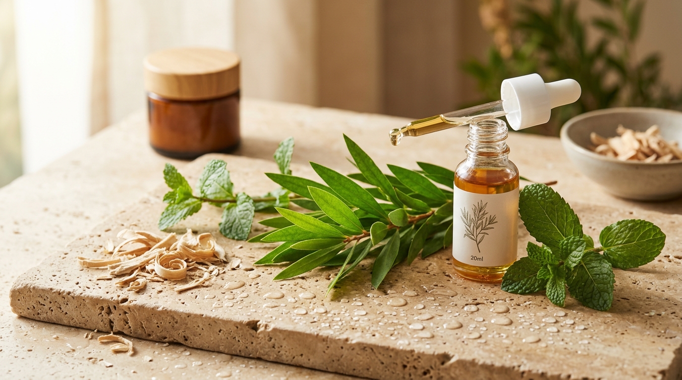 Ingredientes naturales para el cuidado capilar infantil: árbol de té, hojas de menta, aceite puro y madera de quassia
