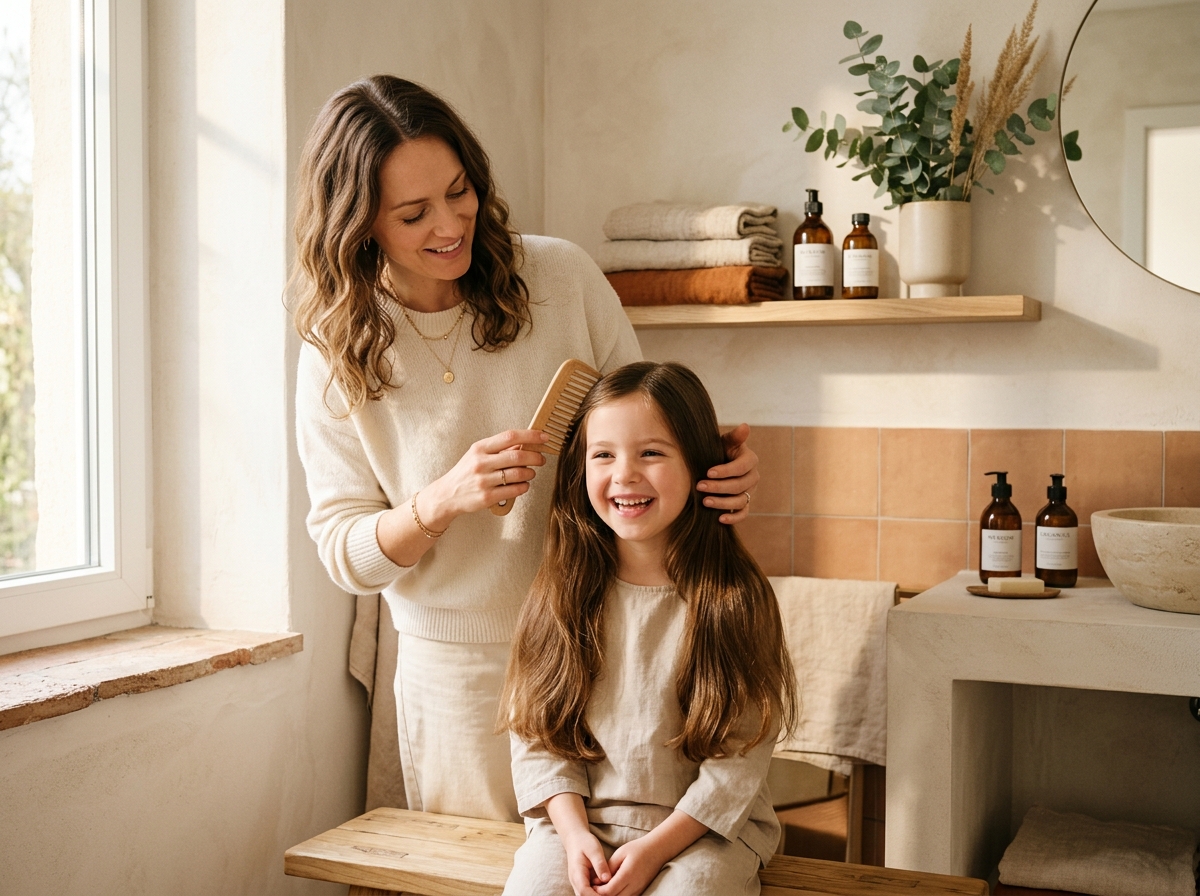 Madre peinando y cuidando con mimo el cabello limpio y sano de su hija pequeña